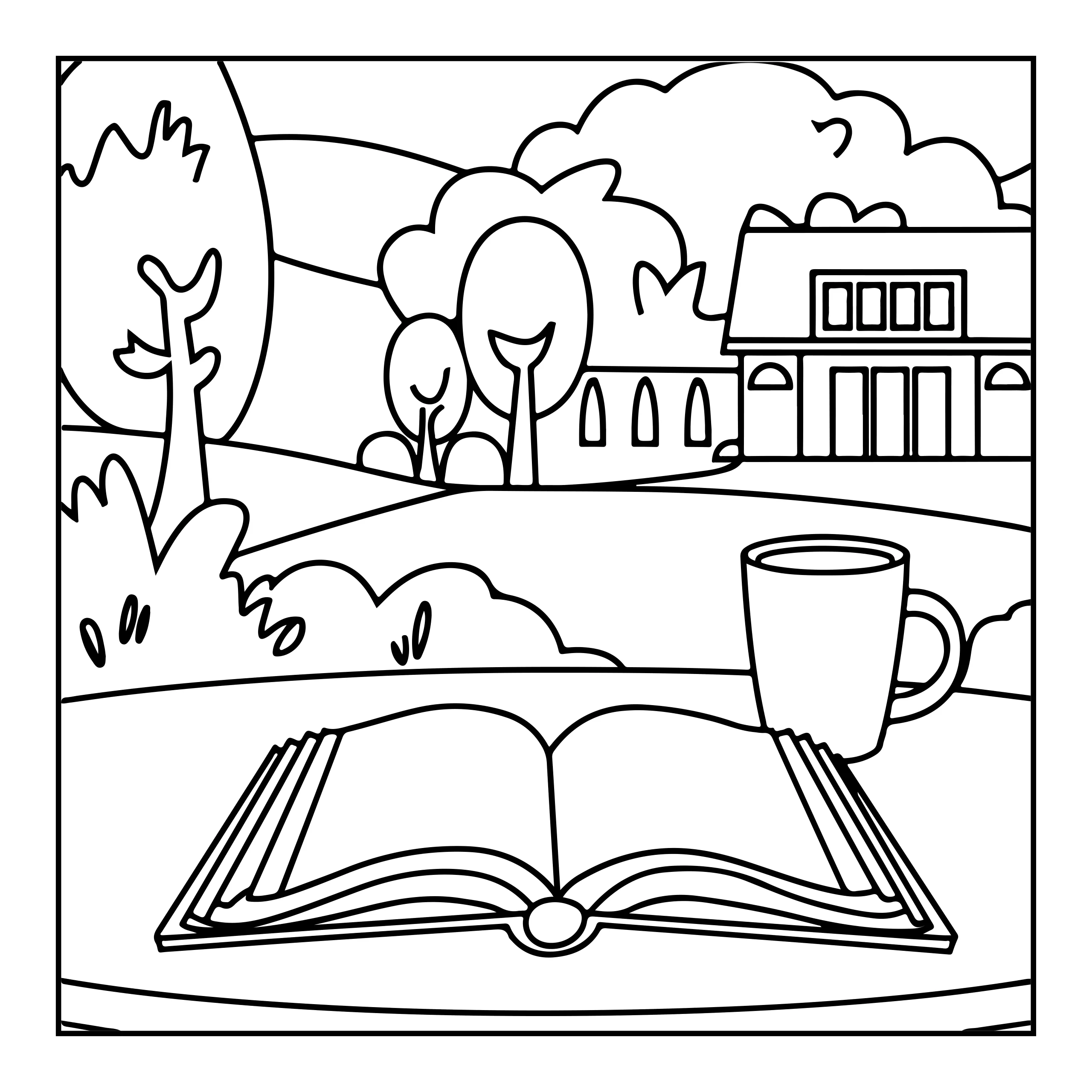 Book and Coffee Coloring Page — Coloring page