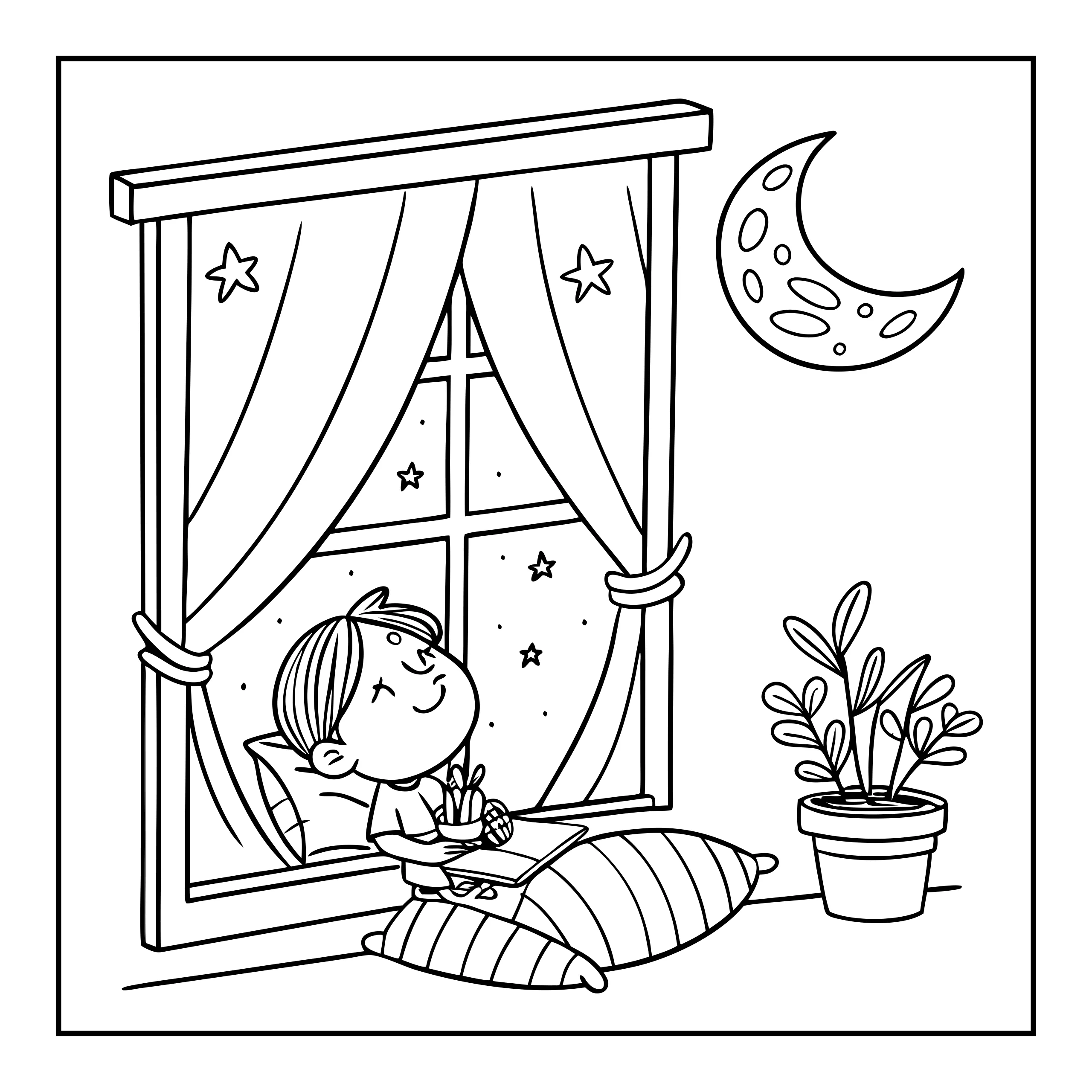 Coloriage enfant regardant la lune — Page de coloriage