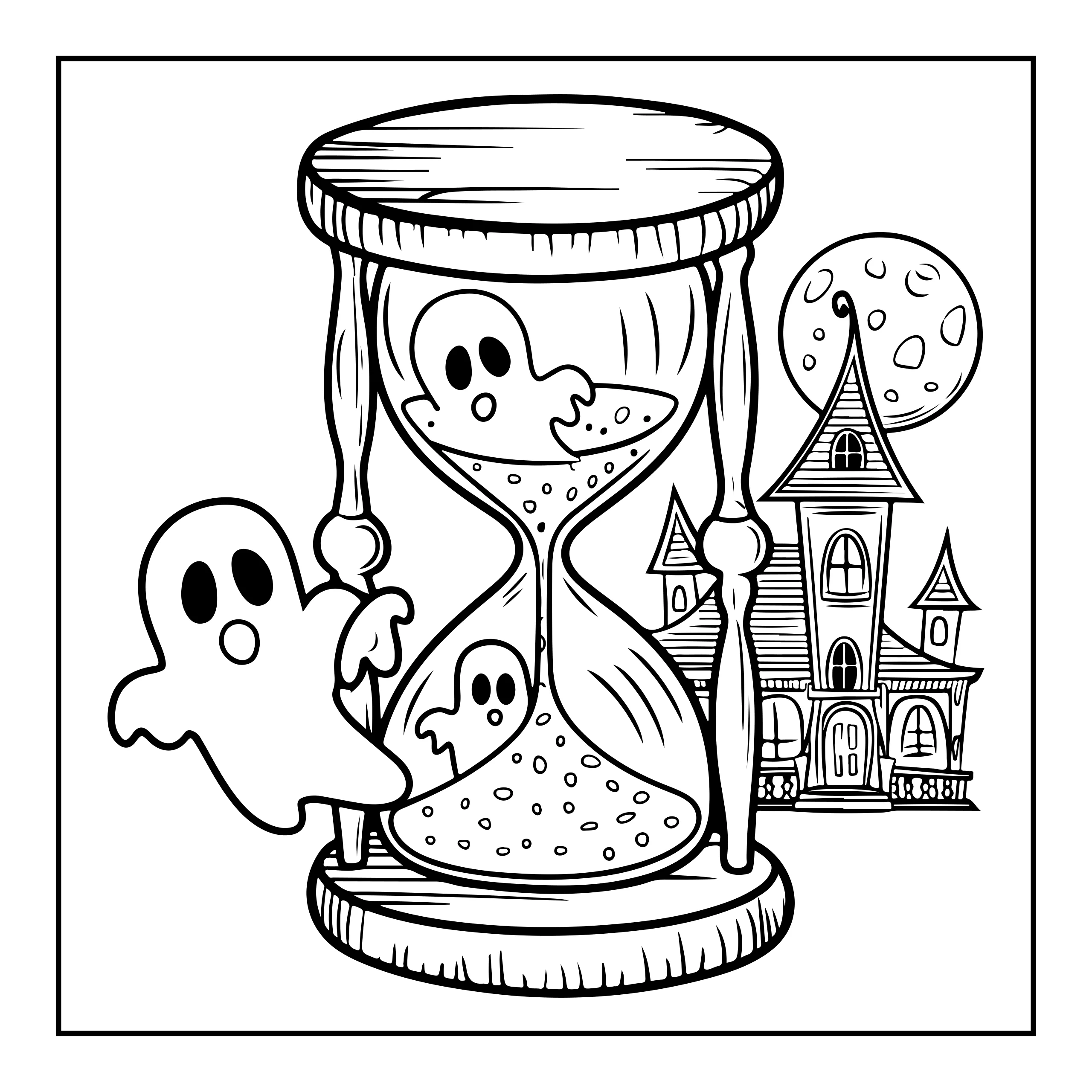 Hourglass with Ghosts Coloring Page — Coloring page