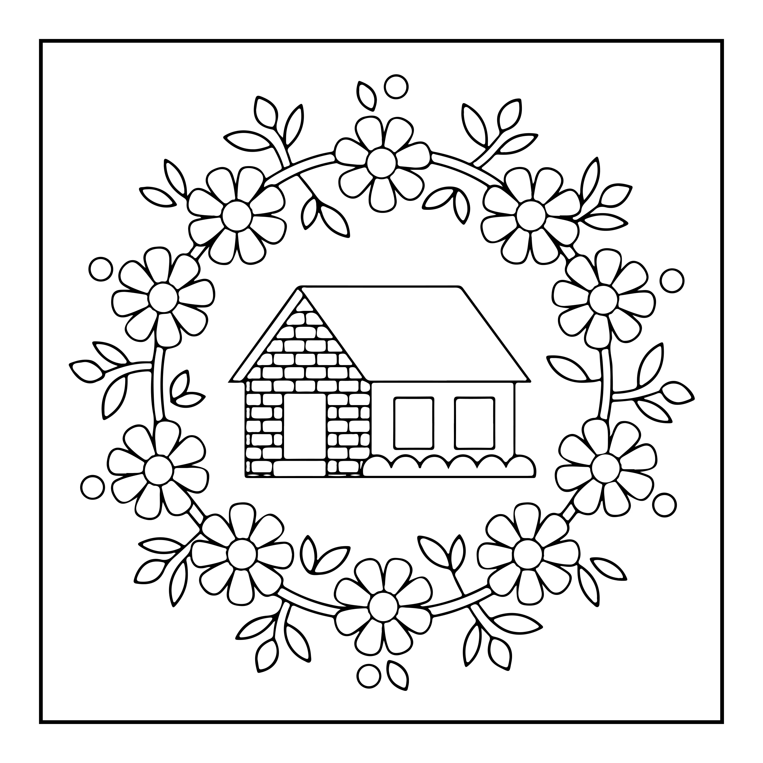 Coloriage maison avec fleurs — Page de coloriage