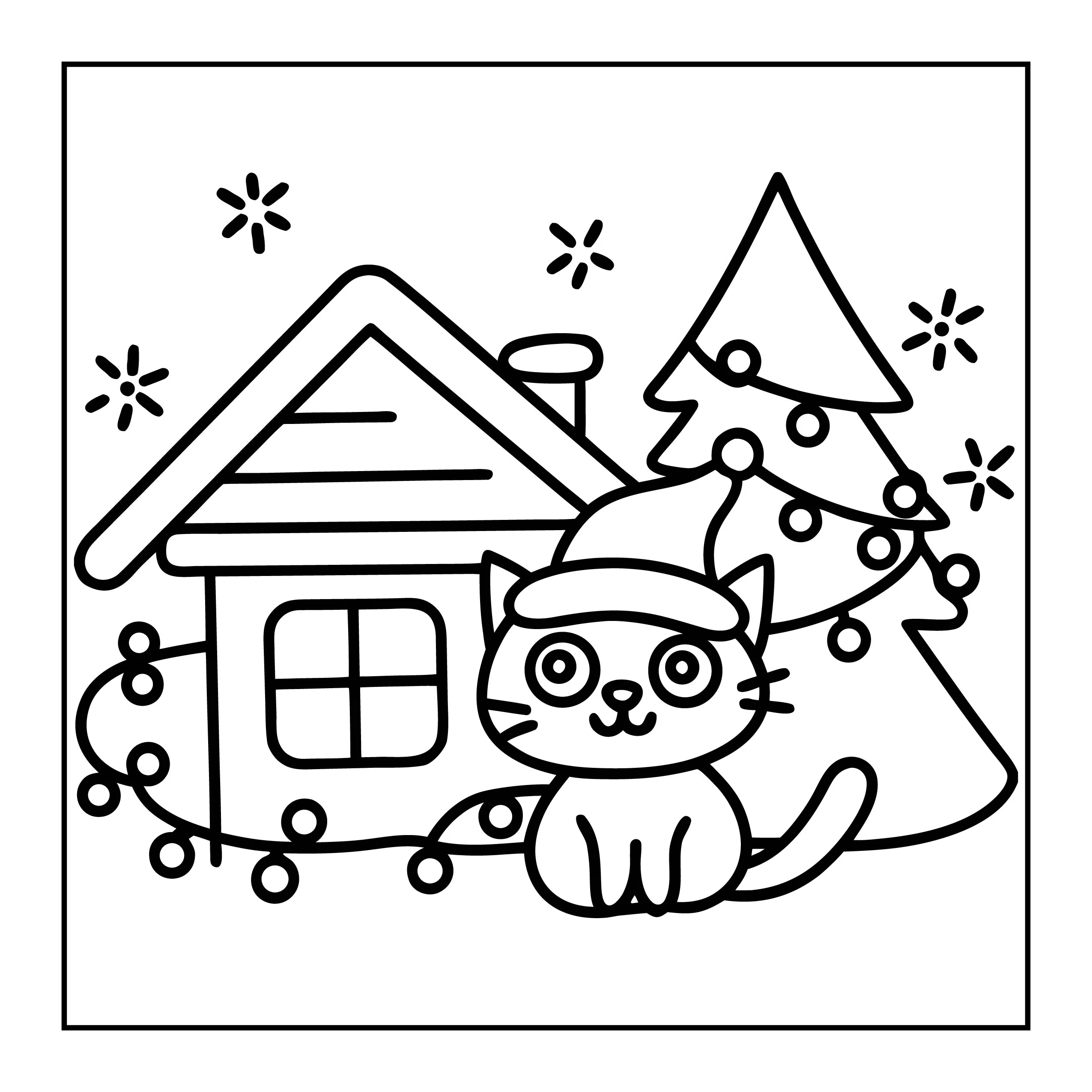 Cozy Christmas House and Cat Coloring Page — Coloring page