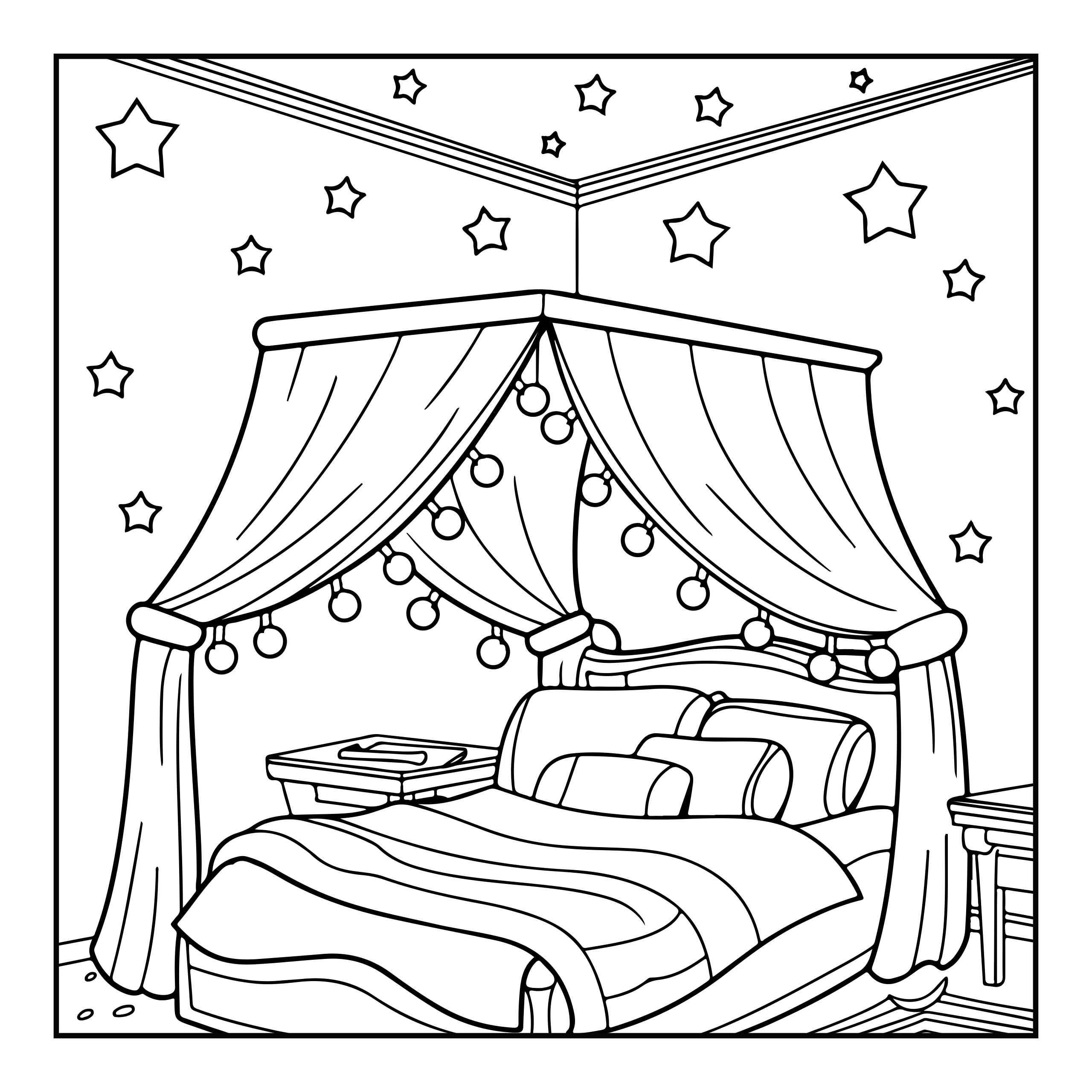 Dibujo para colorear habitación acogedora — PDF imprimible
