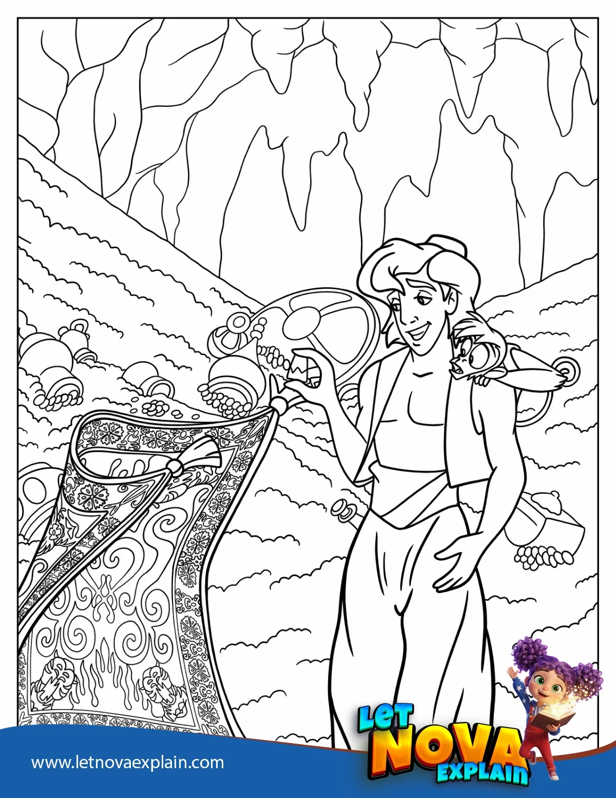Aladdin Surrounded By Treasure To Color — PDF imprimable