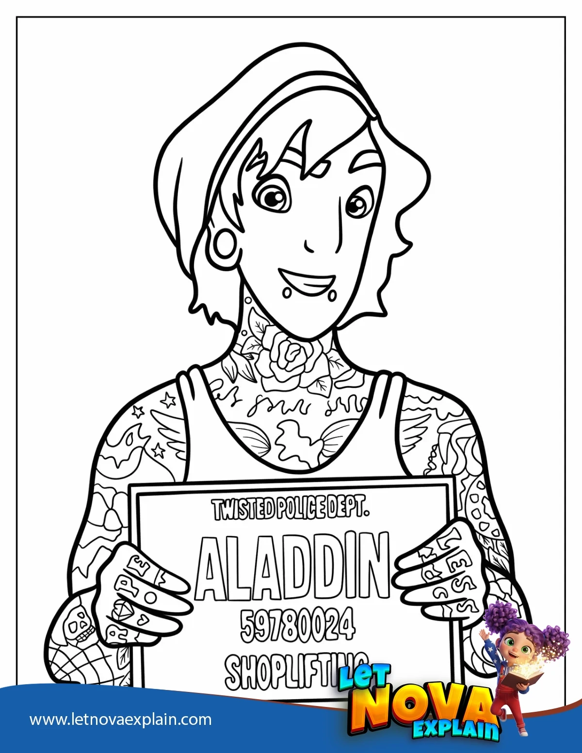 Emo Aladdin Mugshot Coloring Page For Kids — PDF imprimable