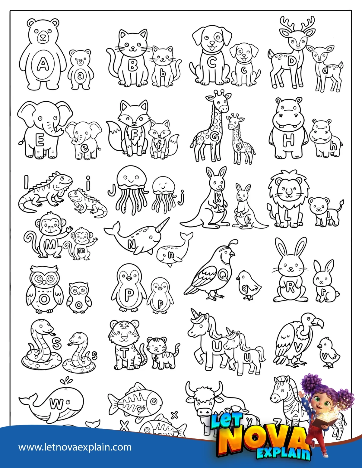 A Z Animal Alphabet Letters Coloring Sheet — Coloring page