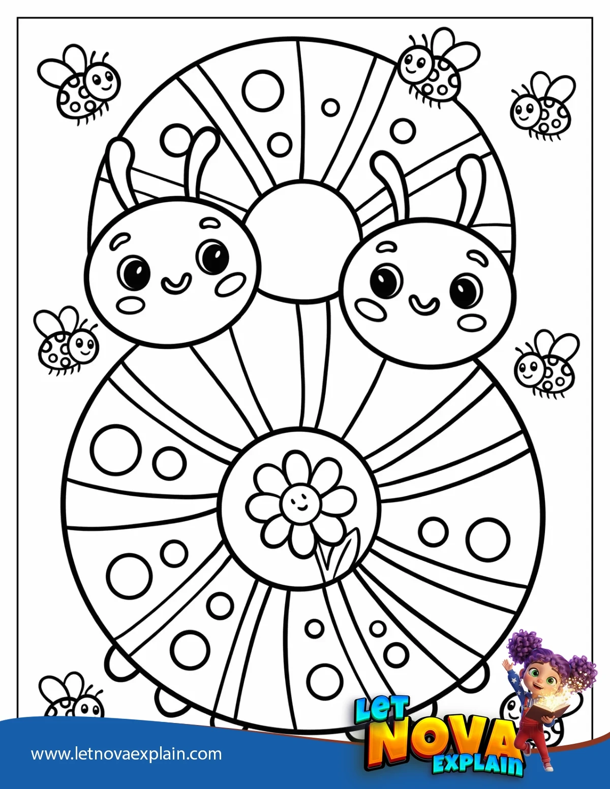Cartoon Animal Number Eight with Bees and Flowers — Coloring page