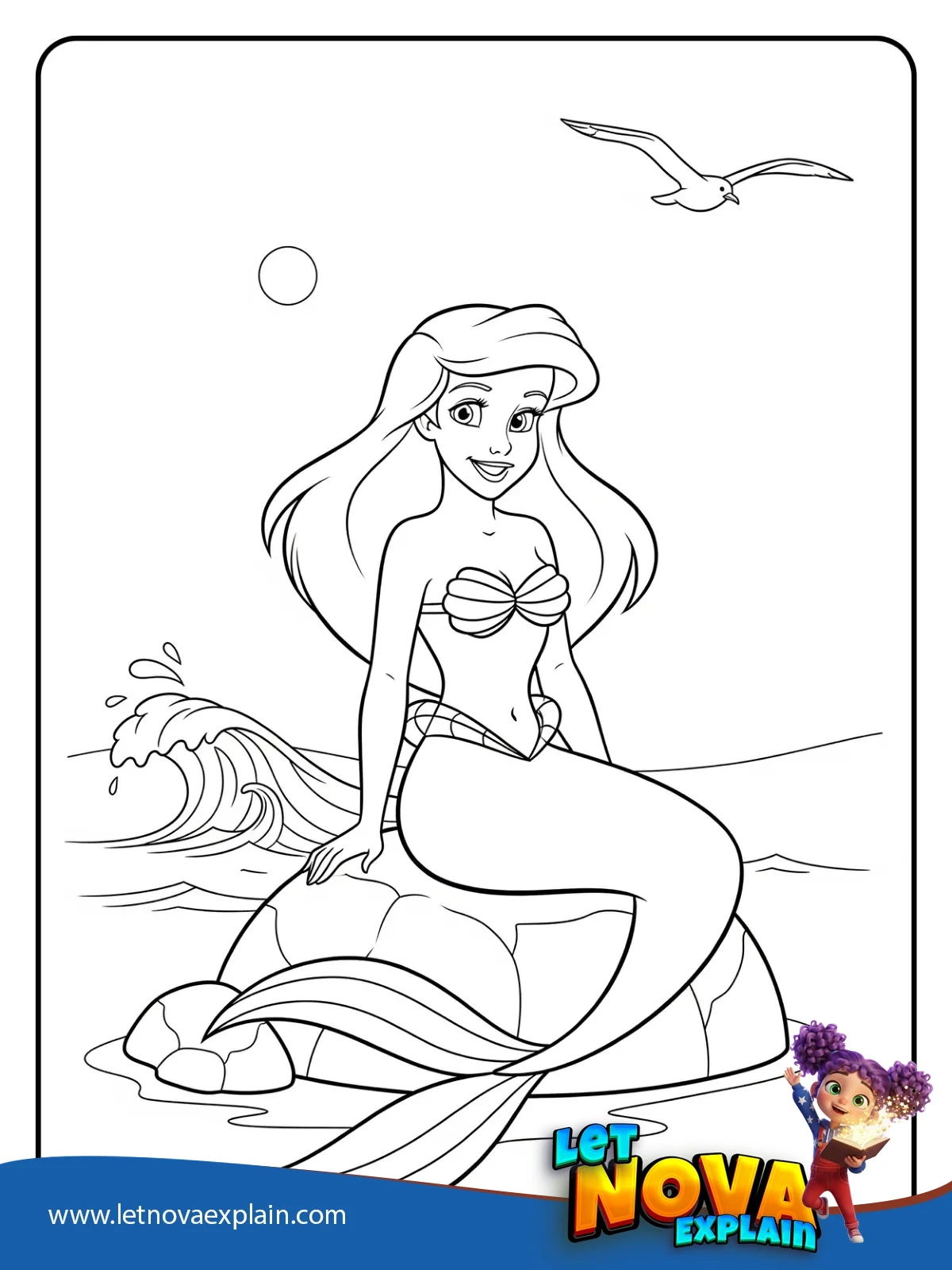 Ariel on the Ocean Rock coloring — PDF imprimable
