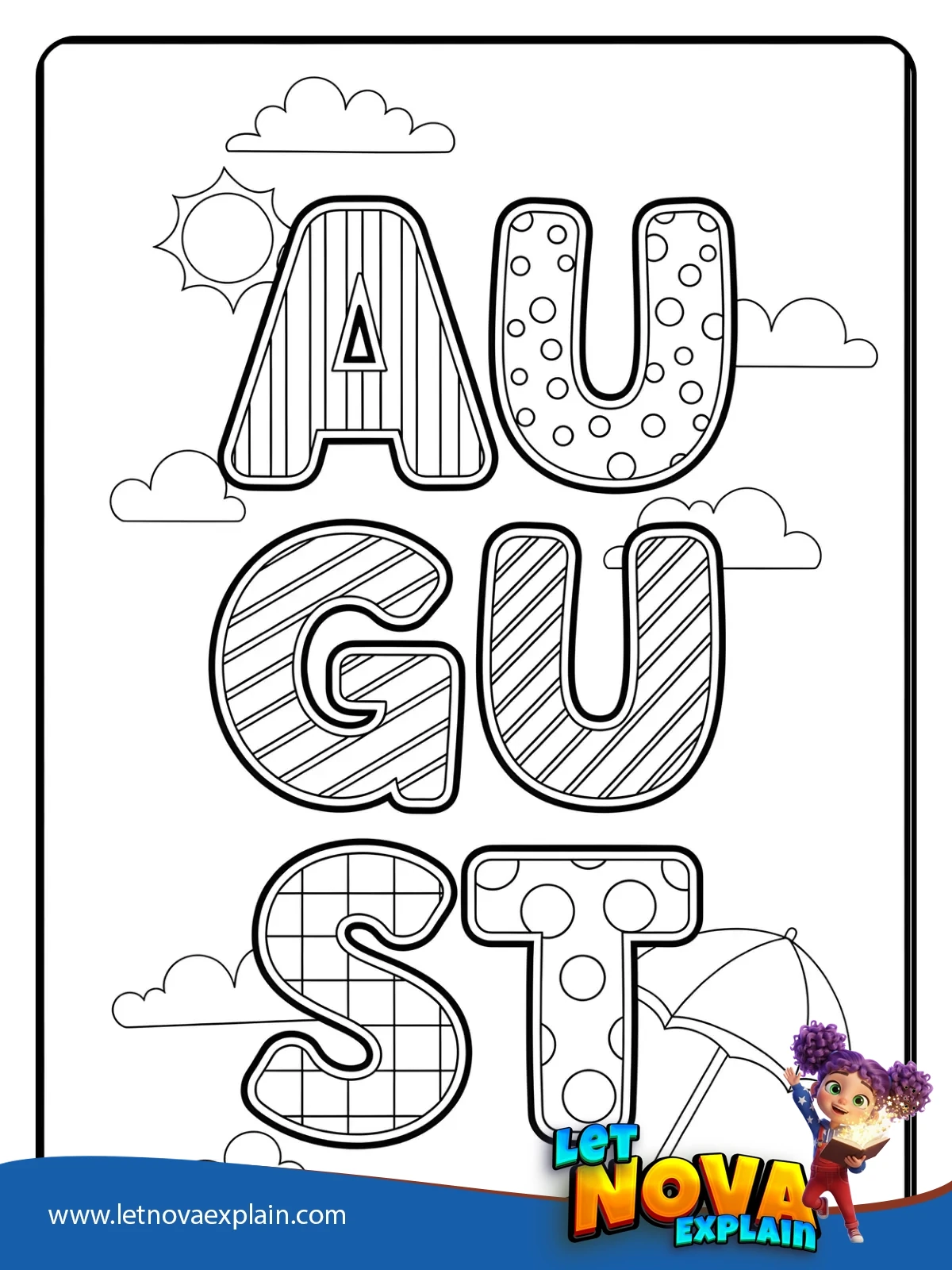 August Letters With Patterns coloring — Coloring page