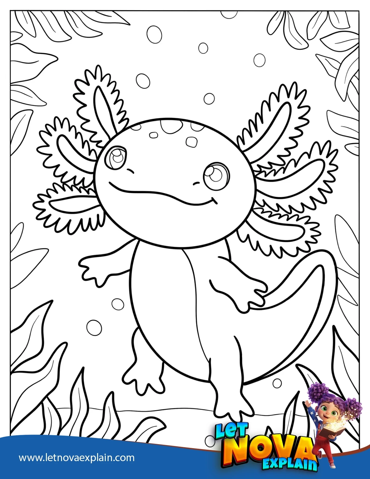 Adorable Little Axolotl Surrounded By Weeds Coloring Page — Coloring page