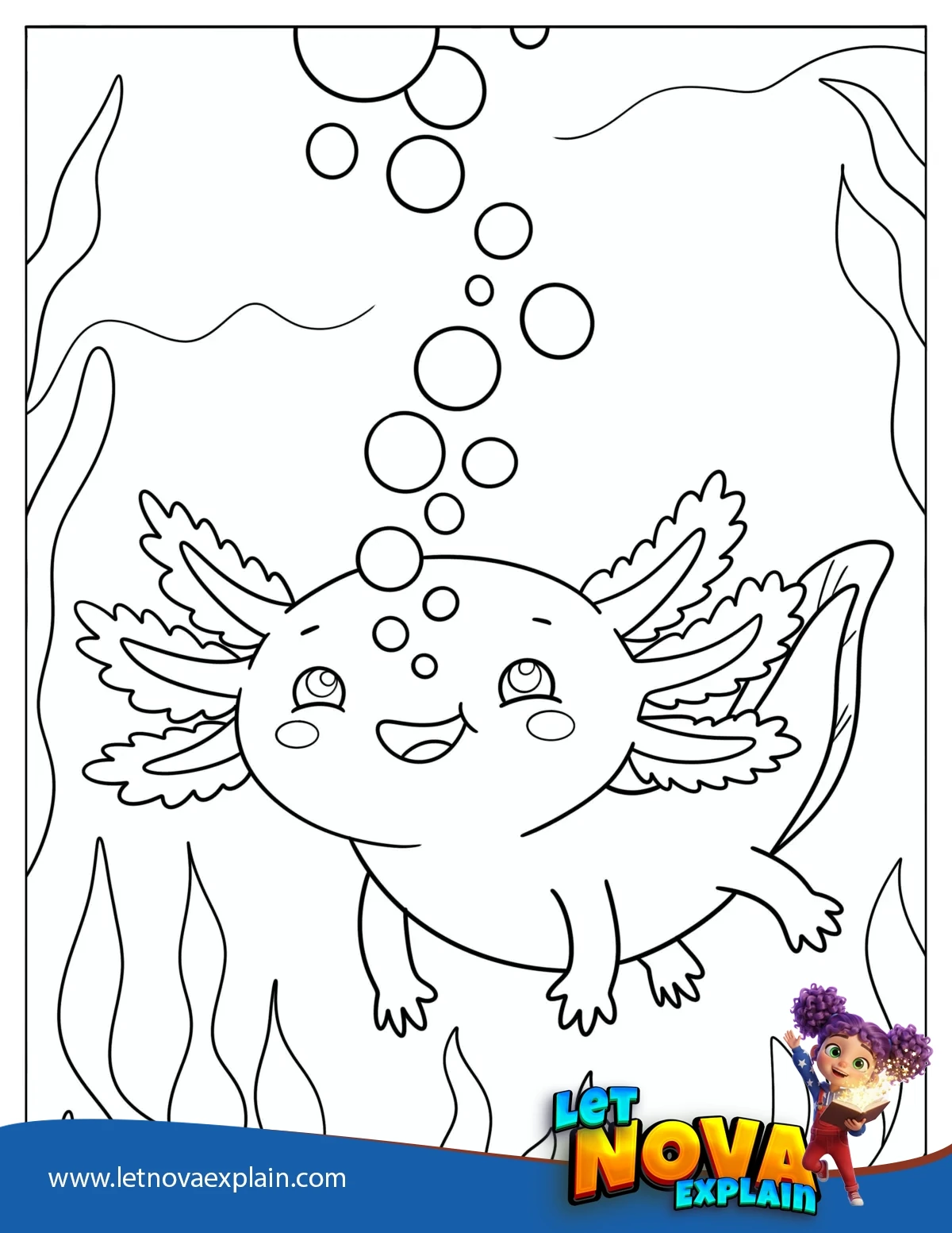 Axolotl Blowing Bubbles Among Aquatic Plants Coloring Page — Coloring page