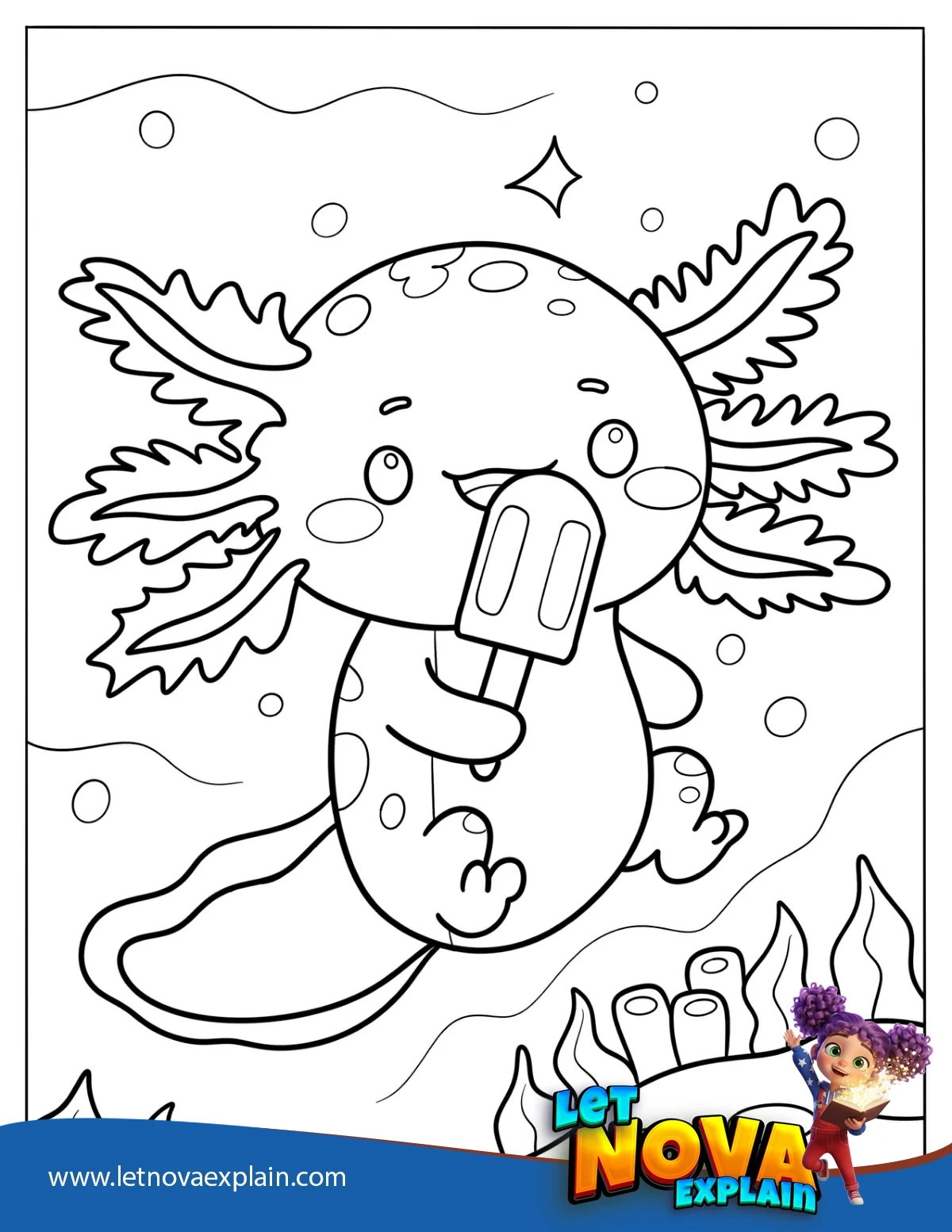 Axolotl Eating A Popsicle Coloring Page For Kids — Coloring page