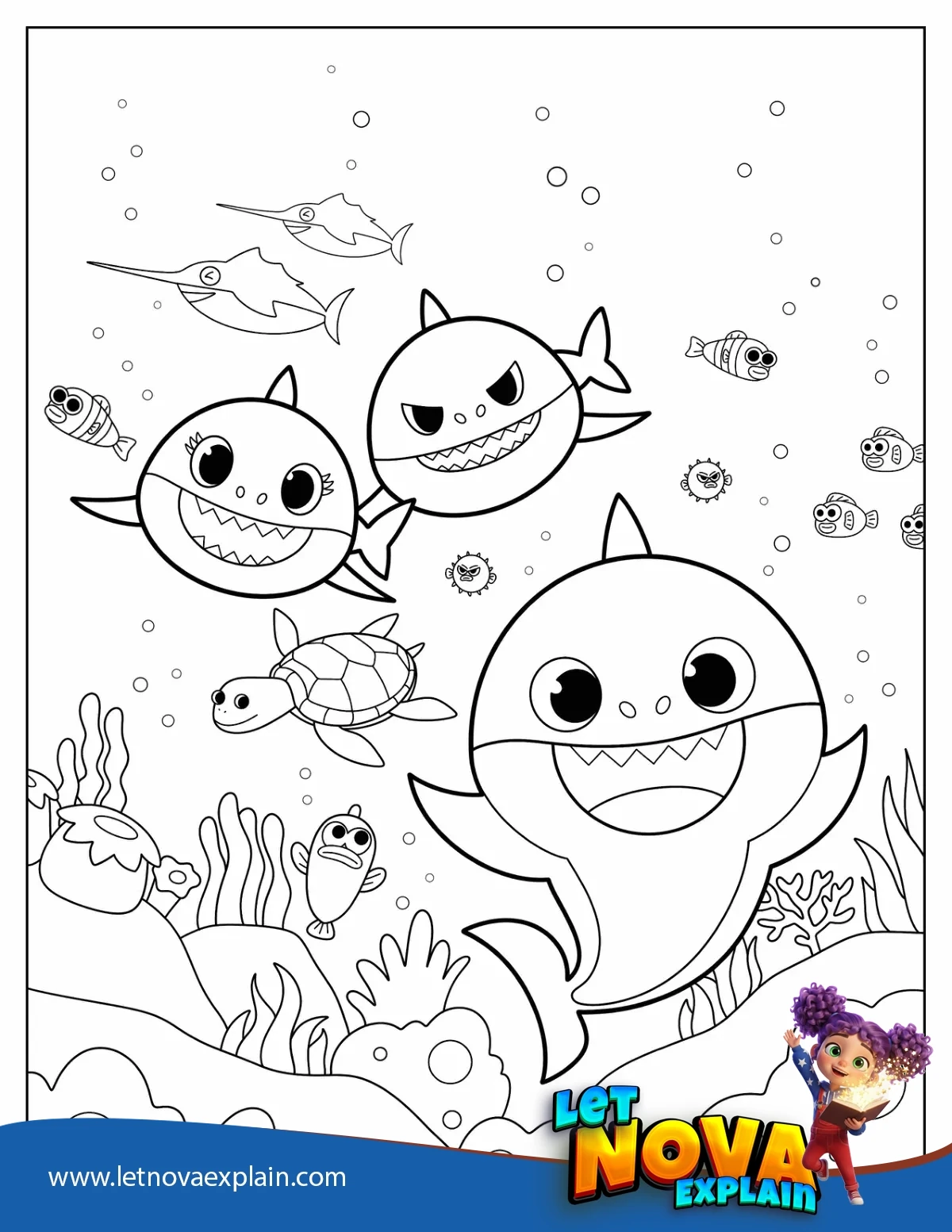 Baby Shark Mommy Shark And Daddy Shark Swimming Coloring In — PDF imprimable