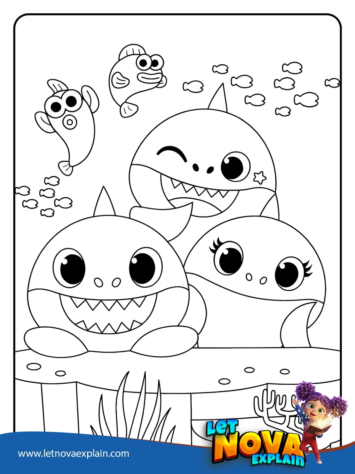 Baby Shark with Mommy Shark and Daddy Shark coloring — PDF imprimable
