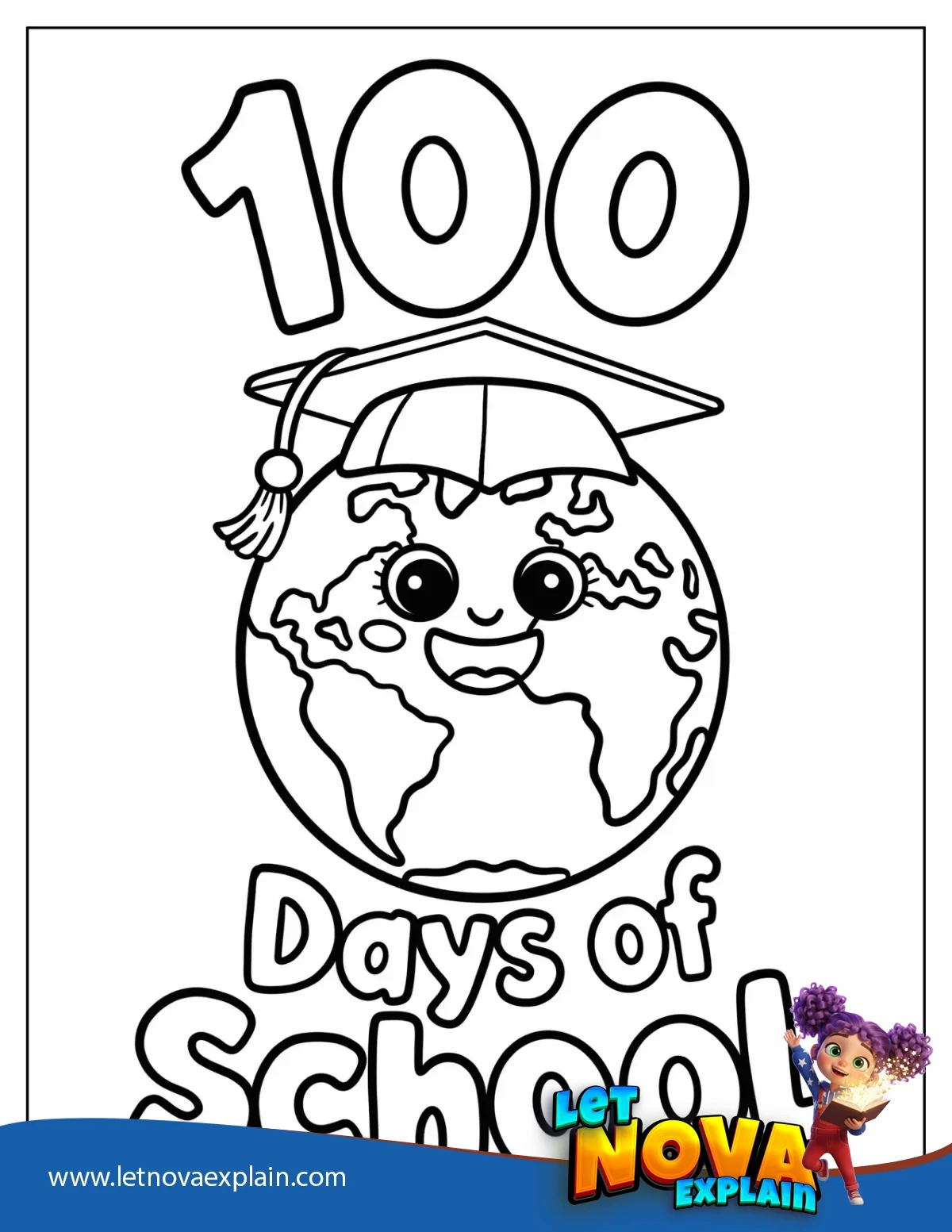 100 Days of School Globe with Graduation Cap Coloring Page — Printable PDF