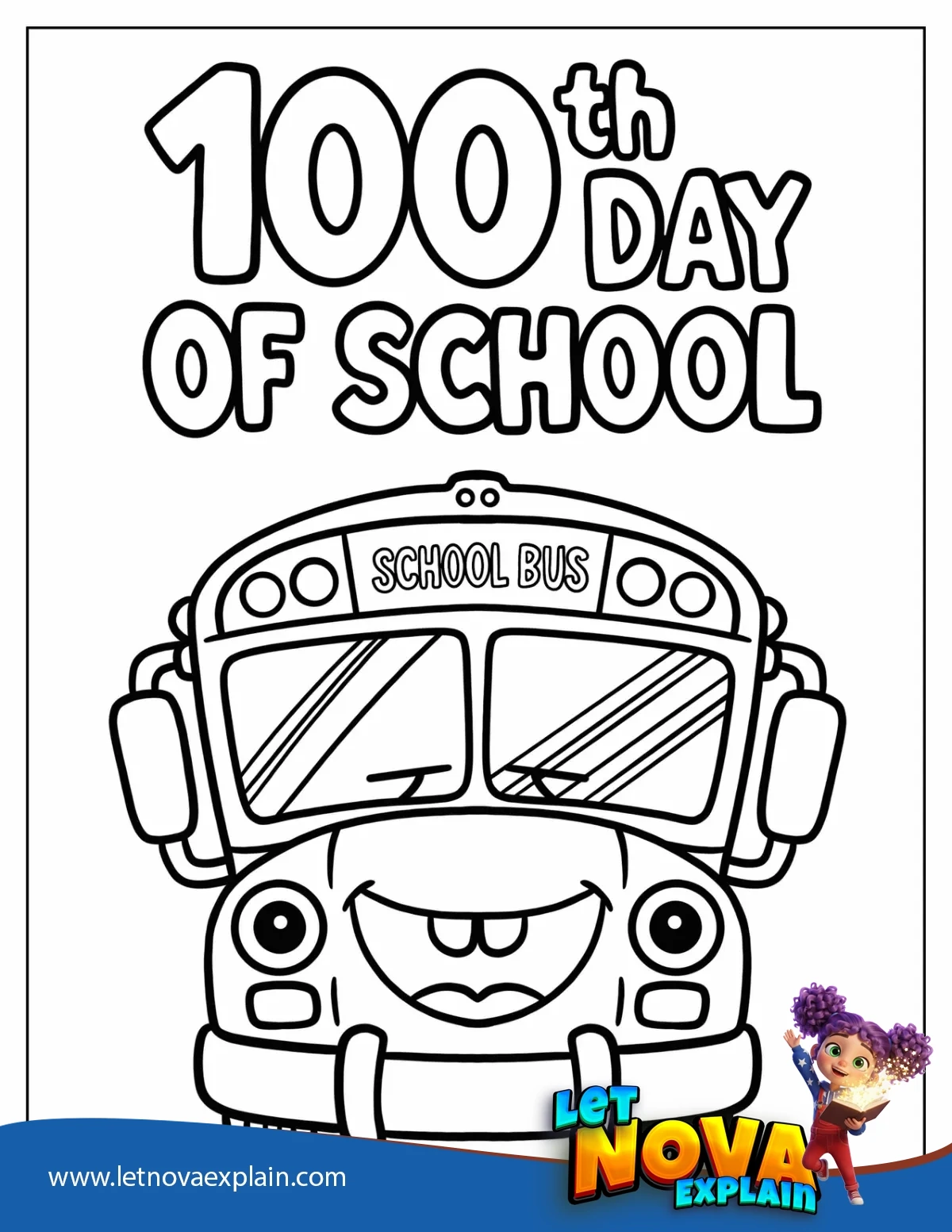 100th Day of School Smiling School Bus Coloring Page for Preschoolers — Printable PDF
