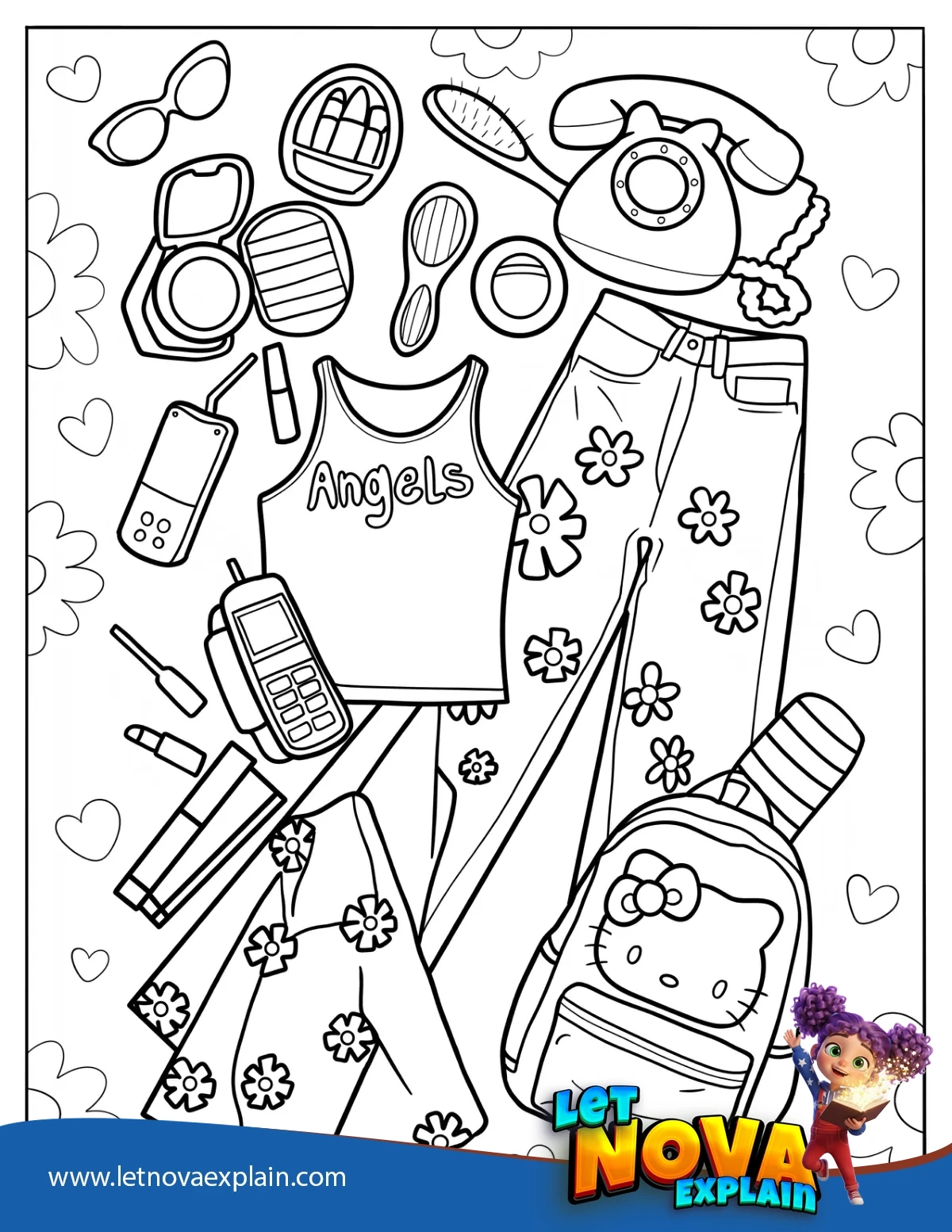 Y2k Fashion With Floral Jeans Bag Shirt And Old School Gadgets Coloring Page — Coloring page