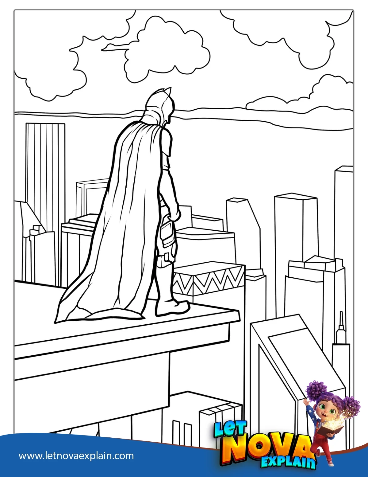 Dark Knight Batman Looking Over Gotham Coloring — Printable PDF