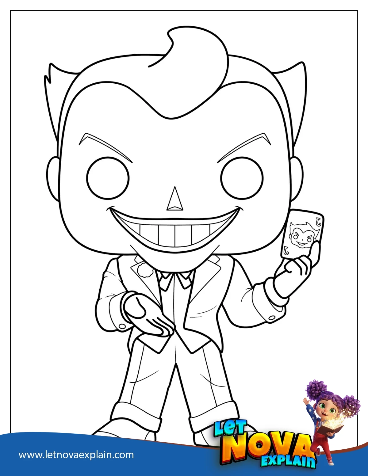 Evil Chibi Joker Holding Up A Joker Card Coloring Page For Kids — Printable PDF
