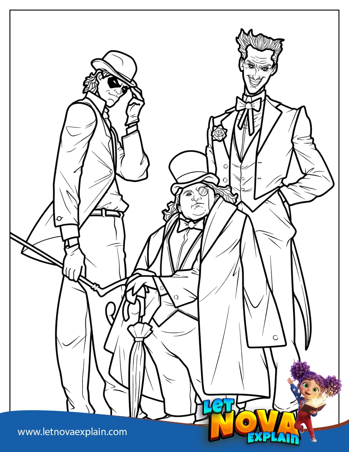 Joker With Penguin And Riddler Coloring Sheet — Printable PDF