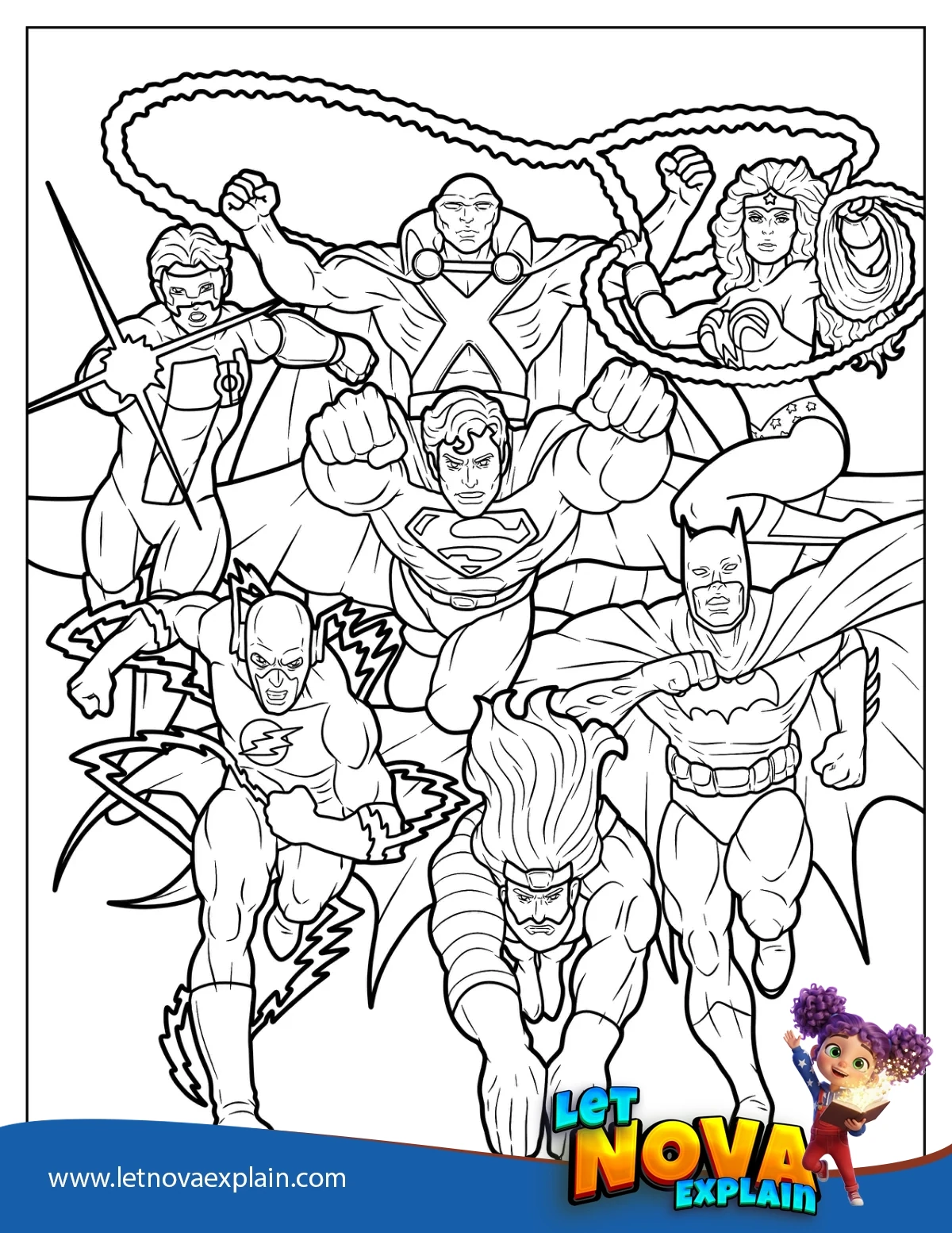 Martian Manhunter Superman Green Lantern Wonder Woman Batman Aquaman And The Flash — PDF للطباعة
