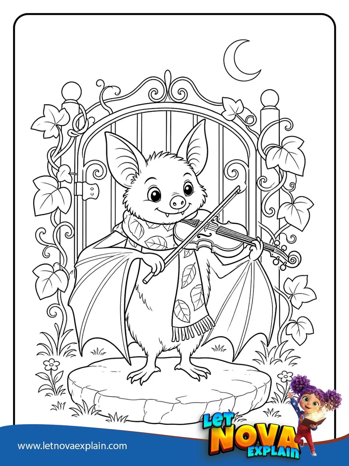 Bats Garden Gate Violin coloring — Printable PDF