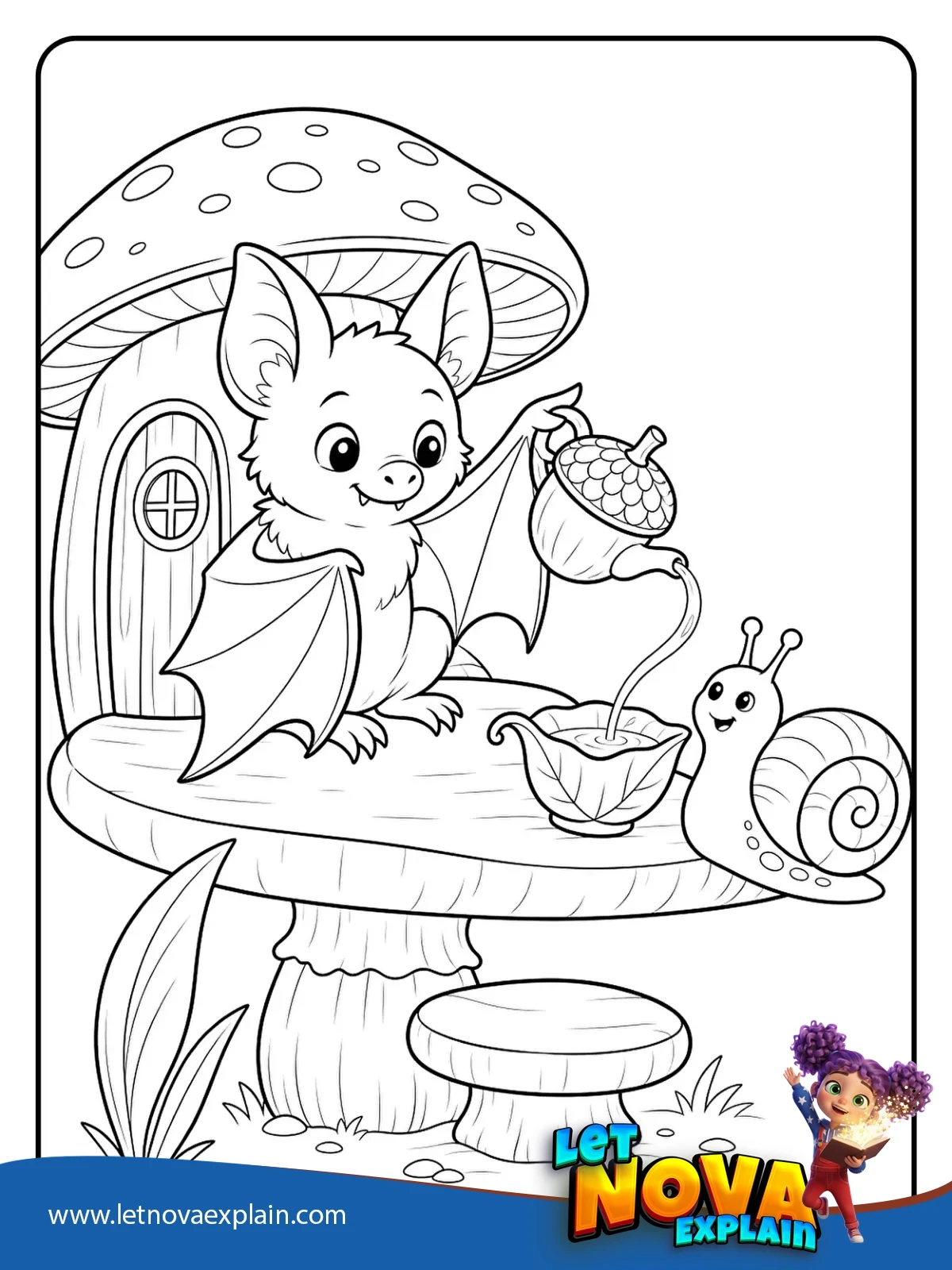 Bats Tea for a Snail coloring — Printable PDF