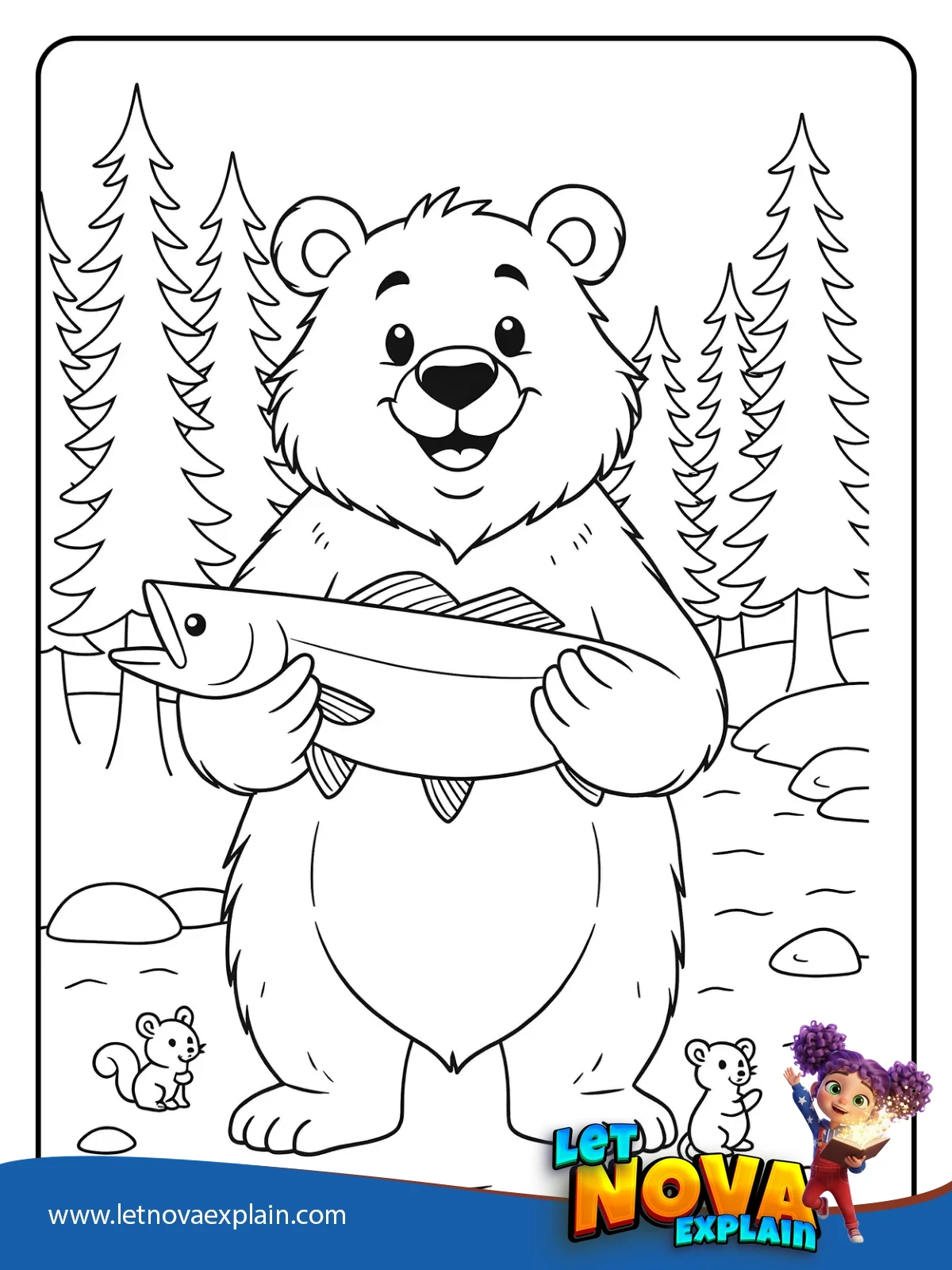 Bear with the Big River Fish coloring — Coloring page