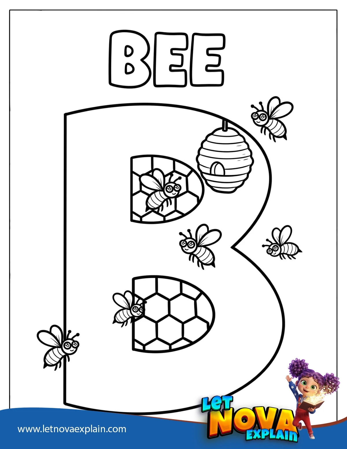 Big Letter B for Bee with Honeycomb Pattern Coloring Sheet — PDF stampabile