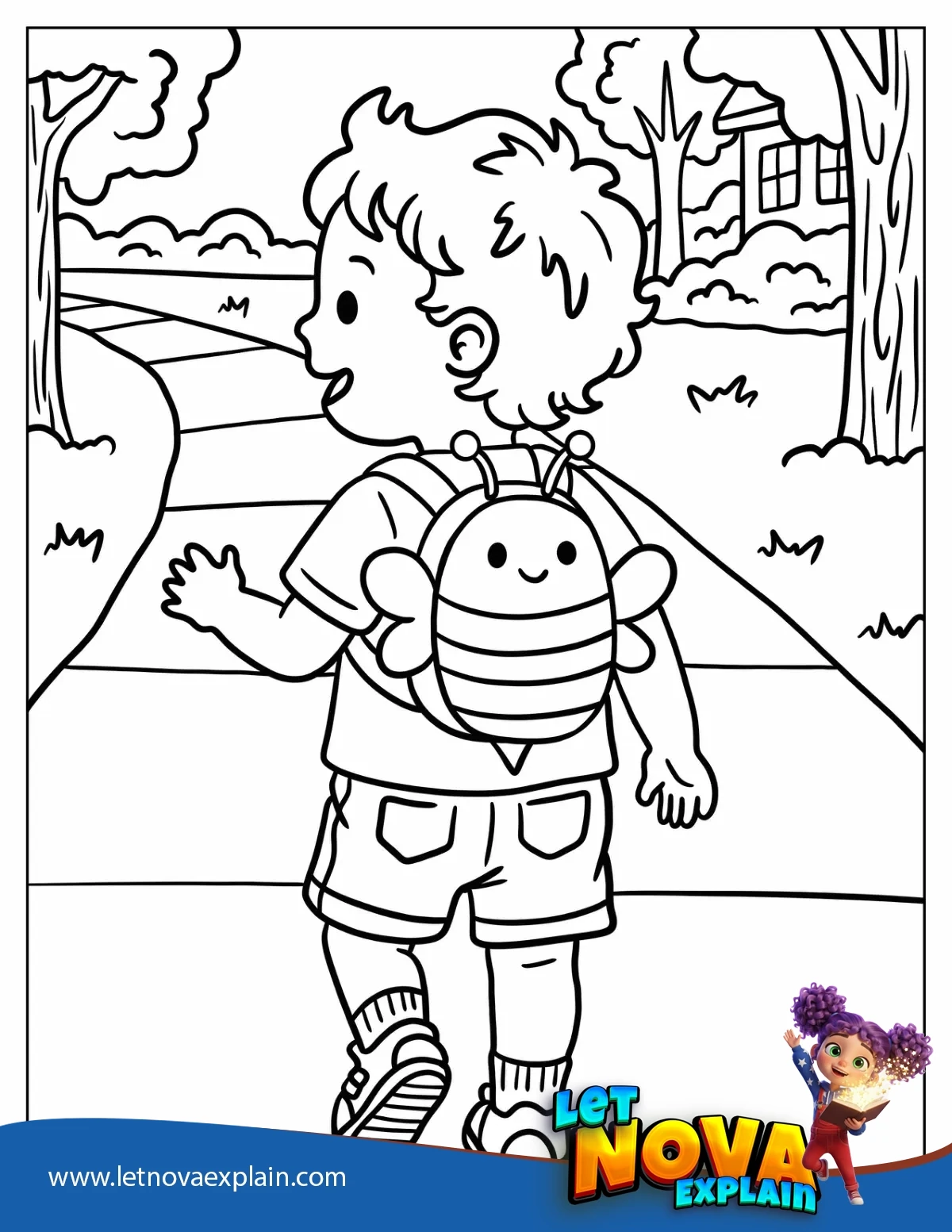 Boy Walking with Bee Backpack Coloring Sheet for Kids — PDF stampabile