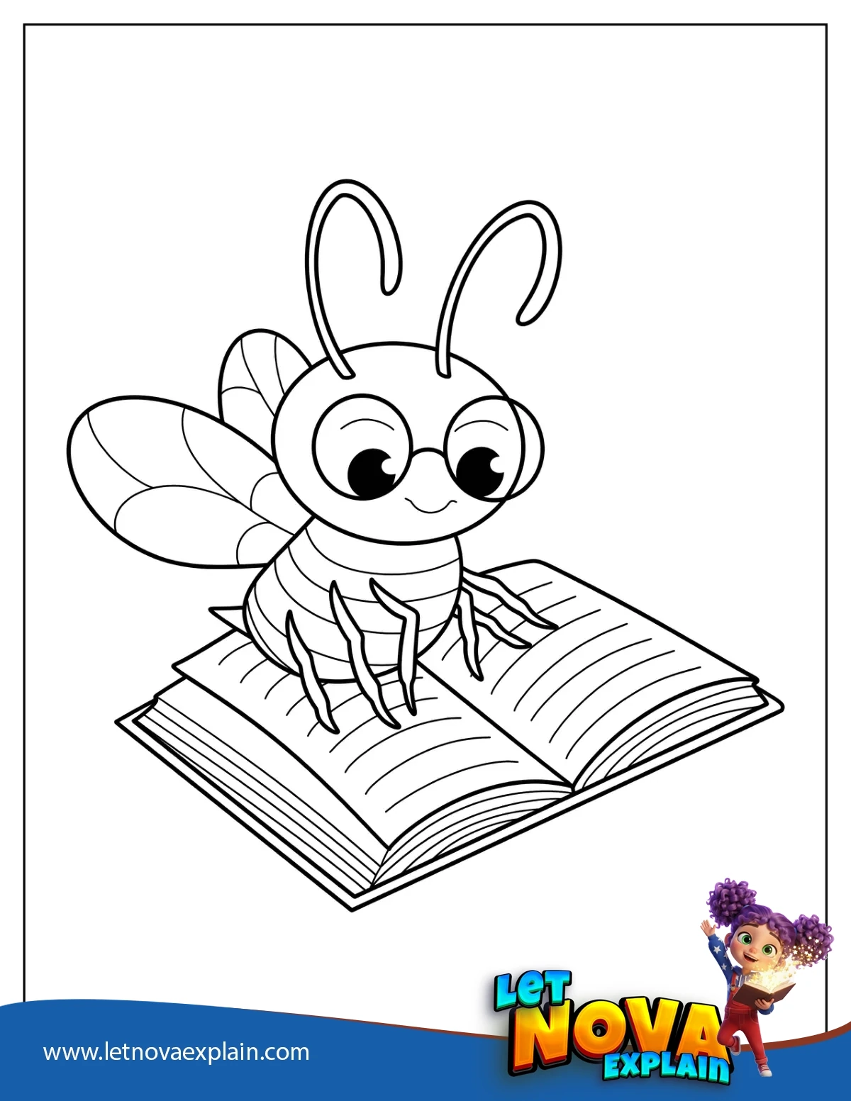 Busy Bee Reading A Book Coloring Page — PDF stampabile