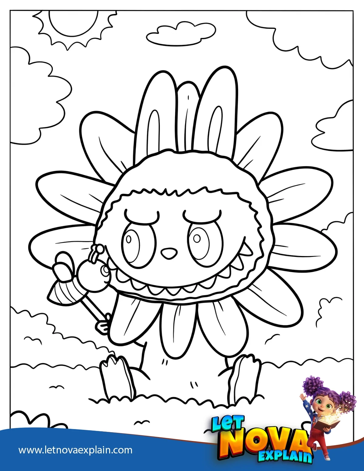 Sunflower Labubu With A Bee Coloring Sheet — PDF stampabile