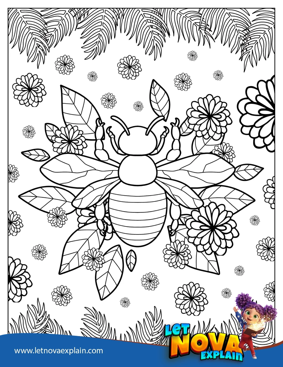 Top View of Bee Surrounded By Flowers Coloring Sheet — PDF stampabile