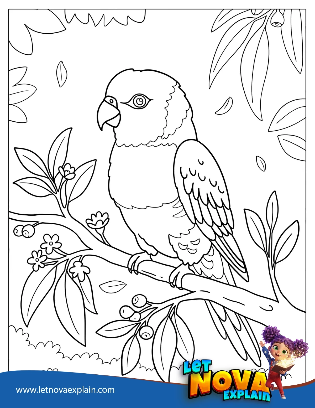 Amazon Parrot Standing on a Flowering Branch Coloring Sheet — Coloring page