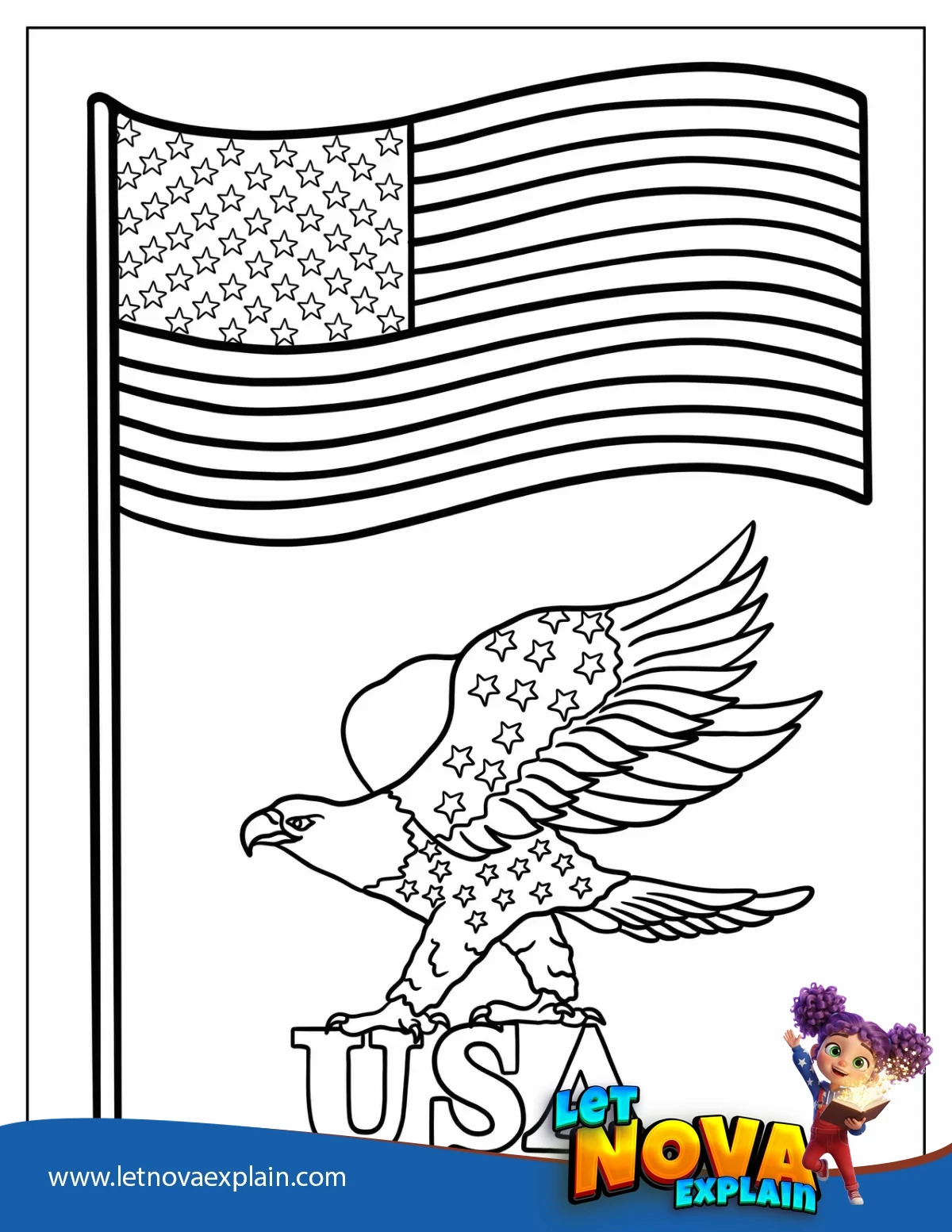 American Flag With Eagle and USA — Coloring page