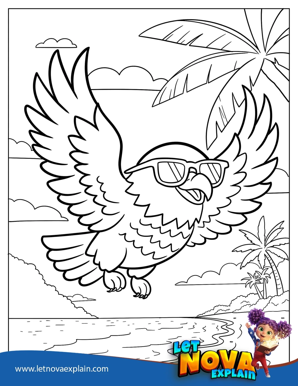Baby Bald Eagle Flying with Sunglasses On Coloring Sheet for Kids — Coloring page