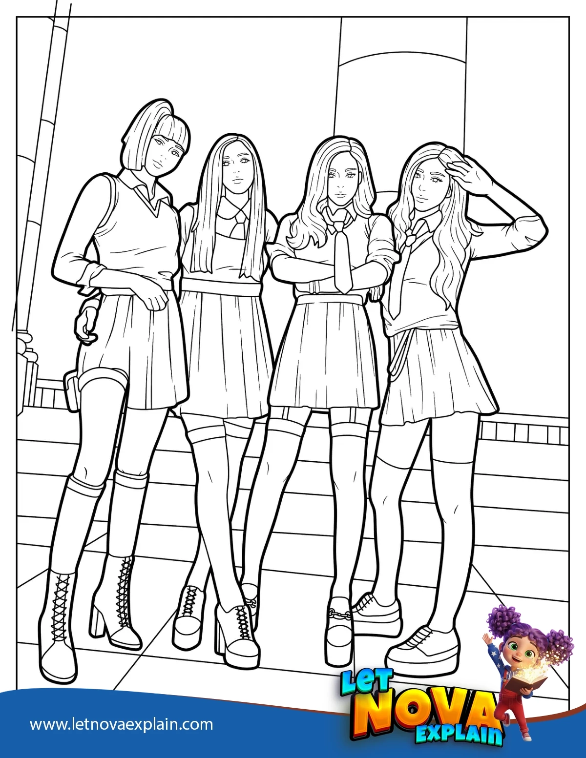 Blackpink Lisa Jisoo Rose And Jennie in Matching High School Uniform Coloring Sheet — Coloring page