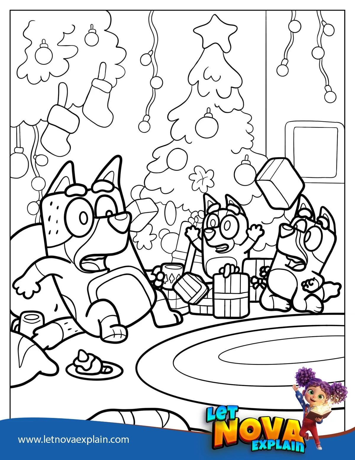 Bandit Chilli And Bluey Opening Christmas Presents Coloring Page — PDF stampabile