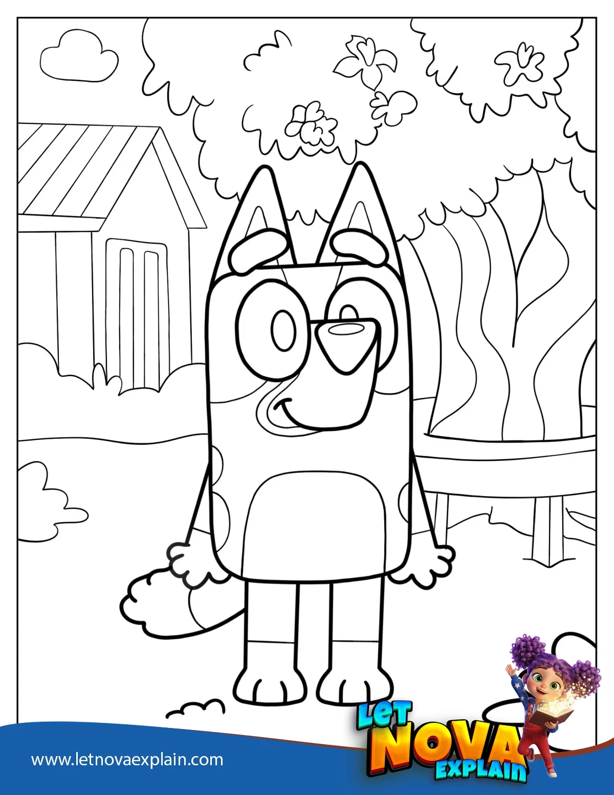 Happy Bluey Standing In Backyard Coloring Sheet — Disegno da colorare