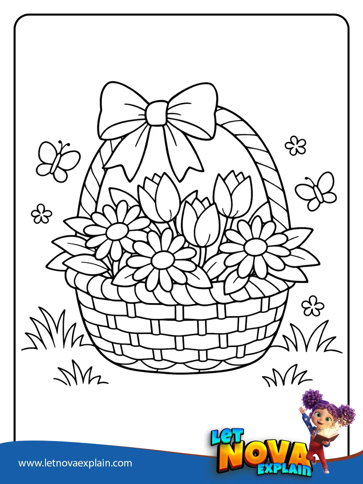 Flower Basket With Bow coloring — Coloring page