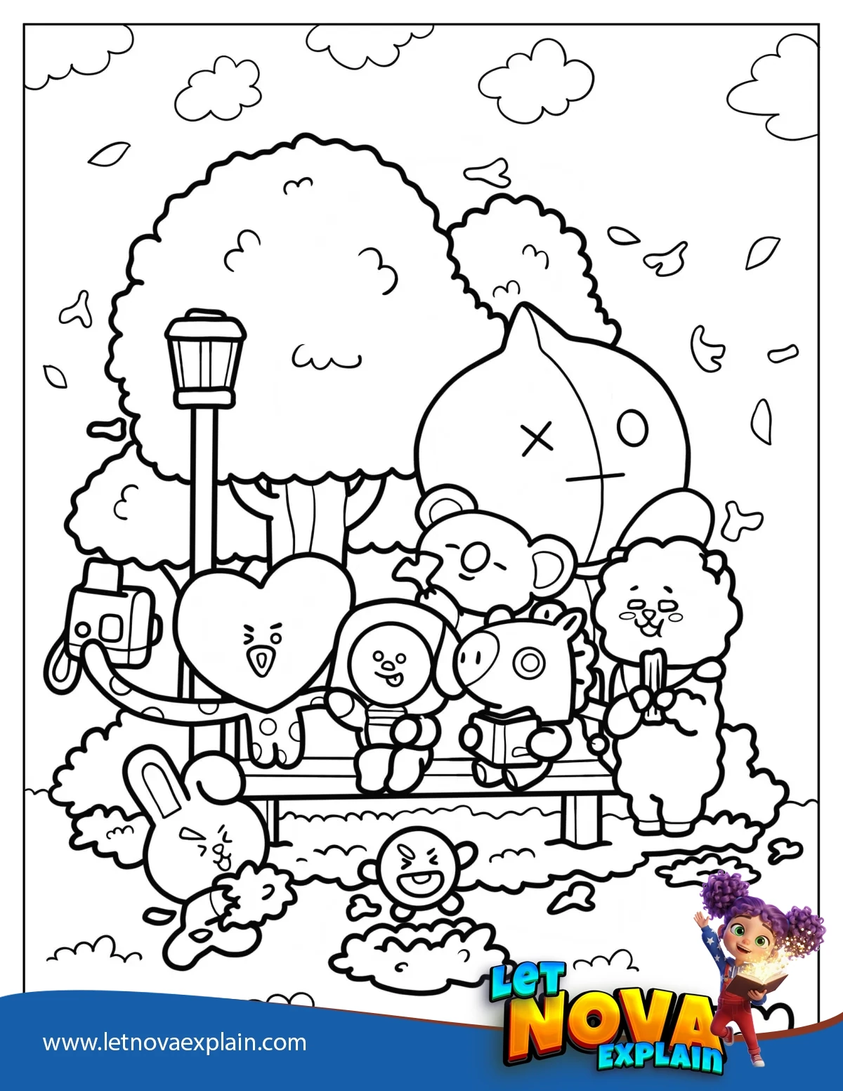 BT21 Cooky RJ Tata Chimmy Koya Shooky Mang Van On Park Bench Coloring Sheet — Coloring page