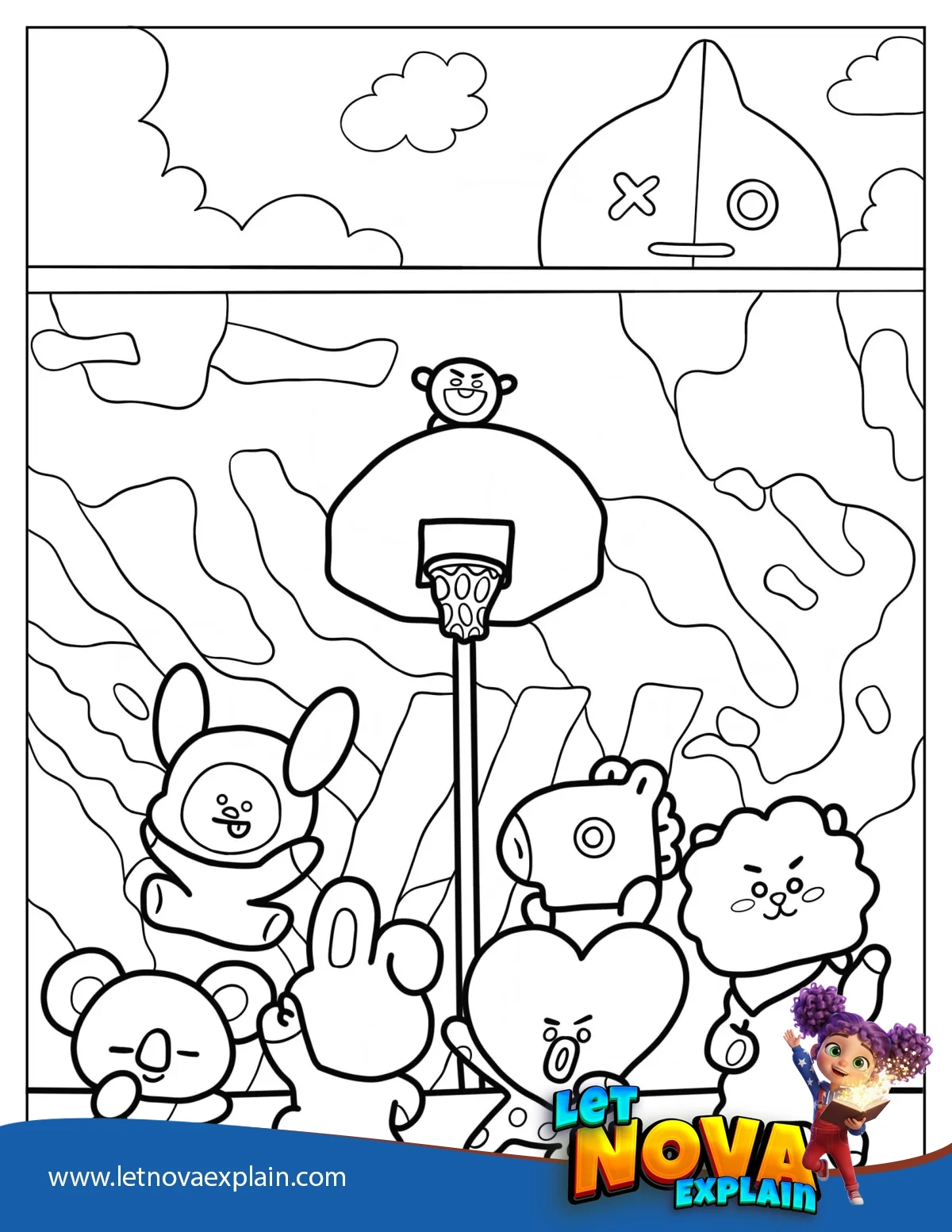 BT21 Friends Playing Basketball Coloring Sheet — Coloring page