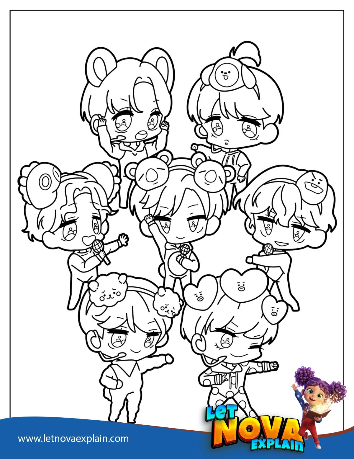 Chibi BTS Members With Kawaii Headbands — صفحة تلوين
