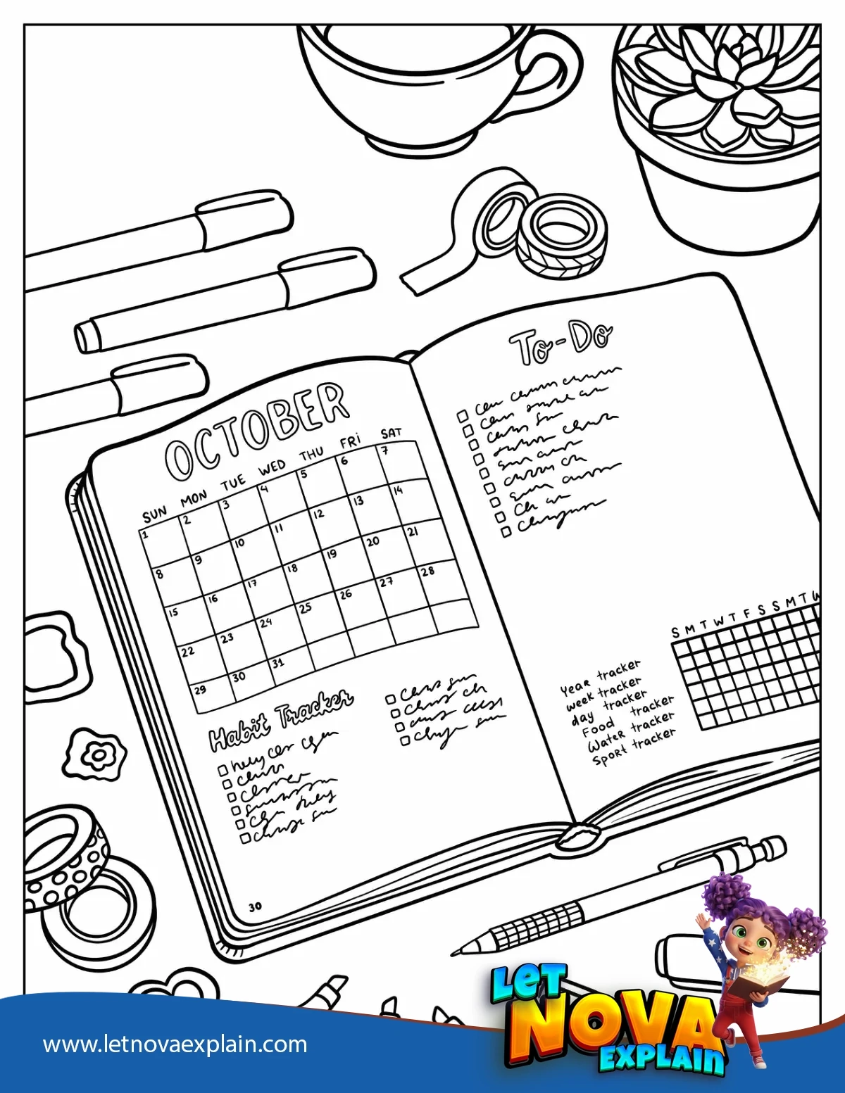 Teenage Bullet Journal Planner with October Calendar and To Do List Coloring Page — صفحة تلوين