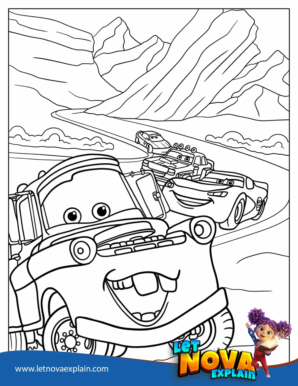 Gudmund And Lightning McQueen On The Road With Mater — Coloring page