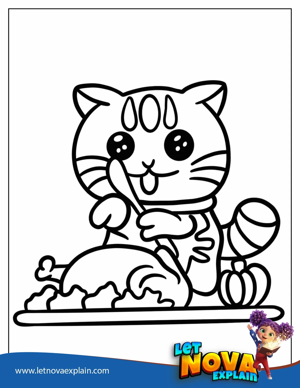 Adorable Cat Eating Thanksgiving Turkey Coloring Sheet For Preschoolers — Coloring page