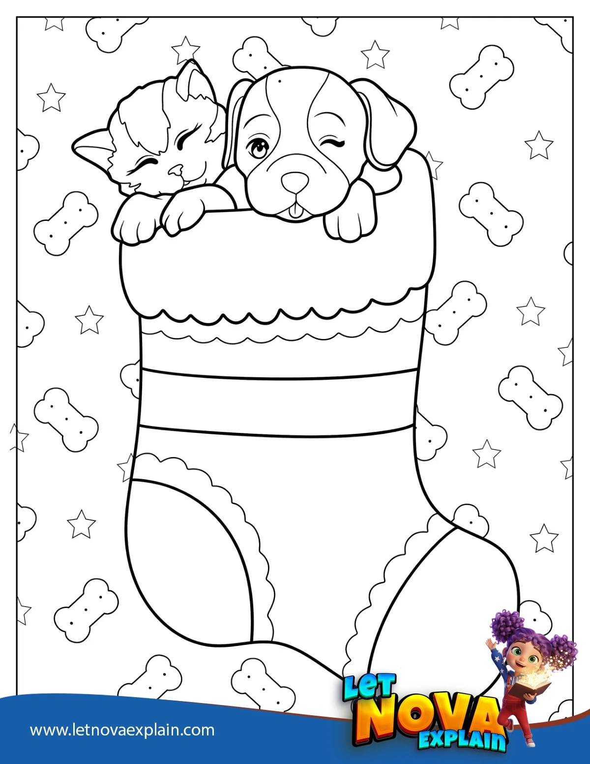 Adorable Puppy And Kitten Inside A Christmas Stocking — Coloring page
