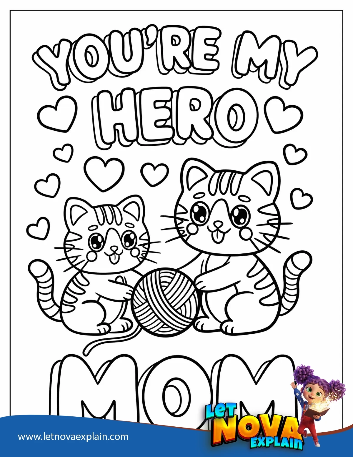 You re My Hero Mom Words With Mama and Baby Cat Holding Ball of Yarn — Disegno da colorare