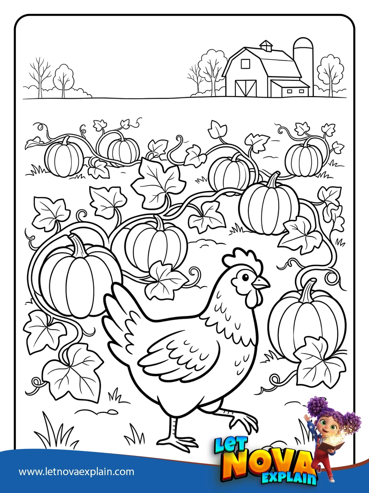 Chicken Among Pumpkins coloring — Disegno da colorare