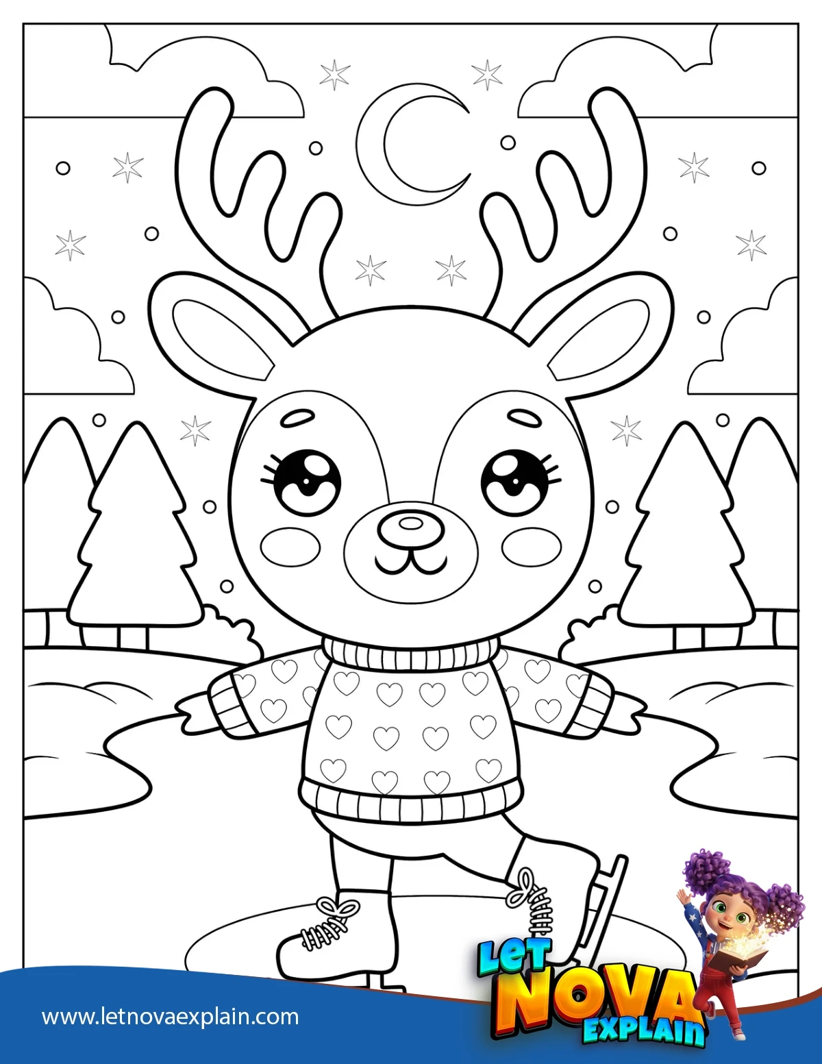 Adorable Little Reindeer in a Sweater Ice Skating Coloring Page for Preschoolers — Coloring page