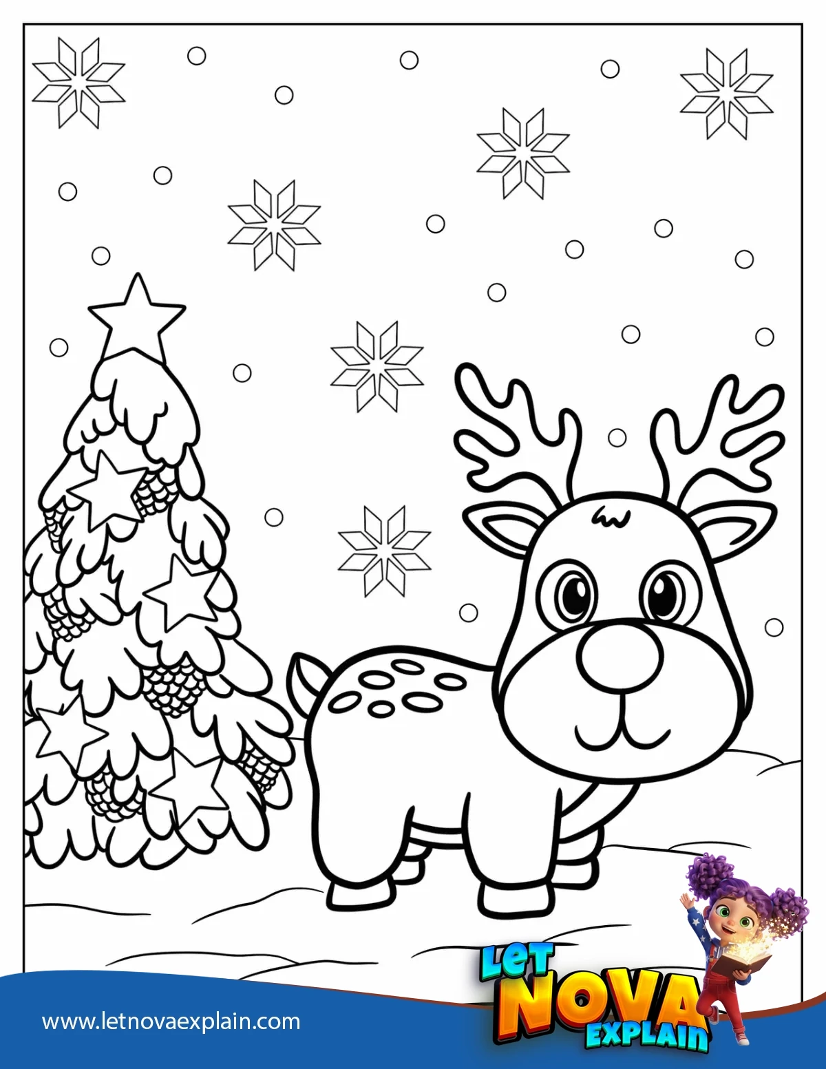 Adorable Little Rudolph Beside A Christmas Tree Coloring Sheet For Preschoolers — Coloring page